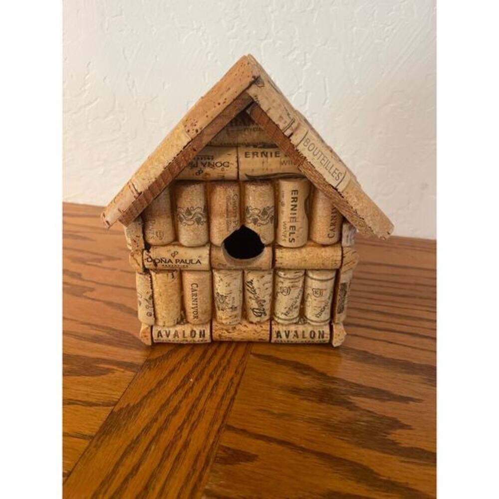Handcrafted birdhouse made of recycled wine corks